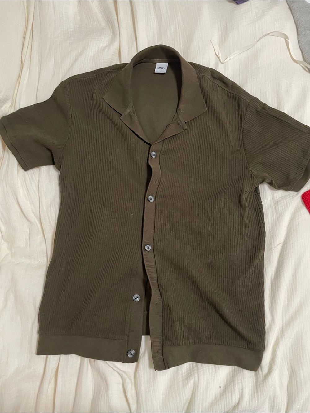 Zara Men Olive Green/brown Ribbed Short-Sleeve Button-Down Shirt
